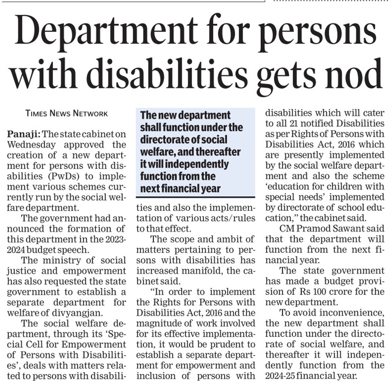 Department For Persons With Disabilities Gets Nod